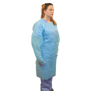 Picture of Polyethylene ISO Gown Blue Universal w/Thumb Loop 100/cs