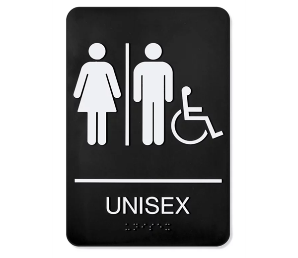 Picture of Black and White Unisex Restroom Sign with Braille 9" x 6" ADA Compliant